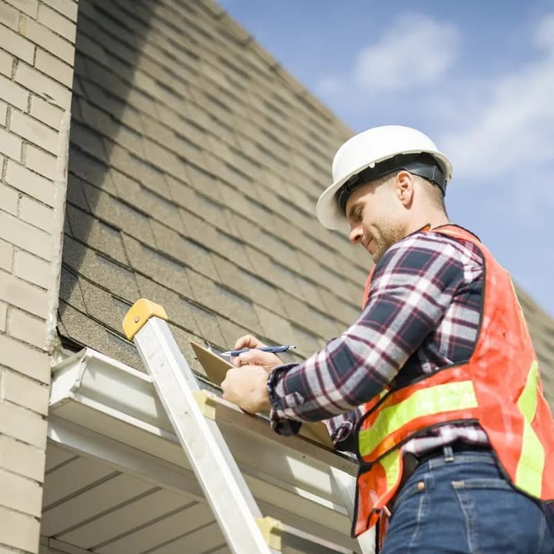 Roofer documenting a roof edge and flashing repair area